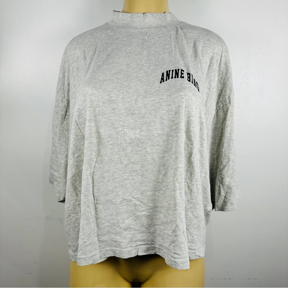 Anine Bing Crop Oversized Logo T-shirt Sz M Mock Neck Gray Short Sleeves